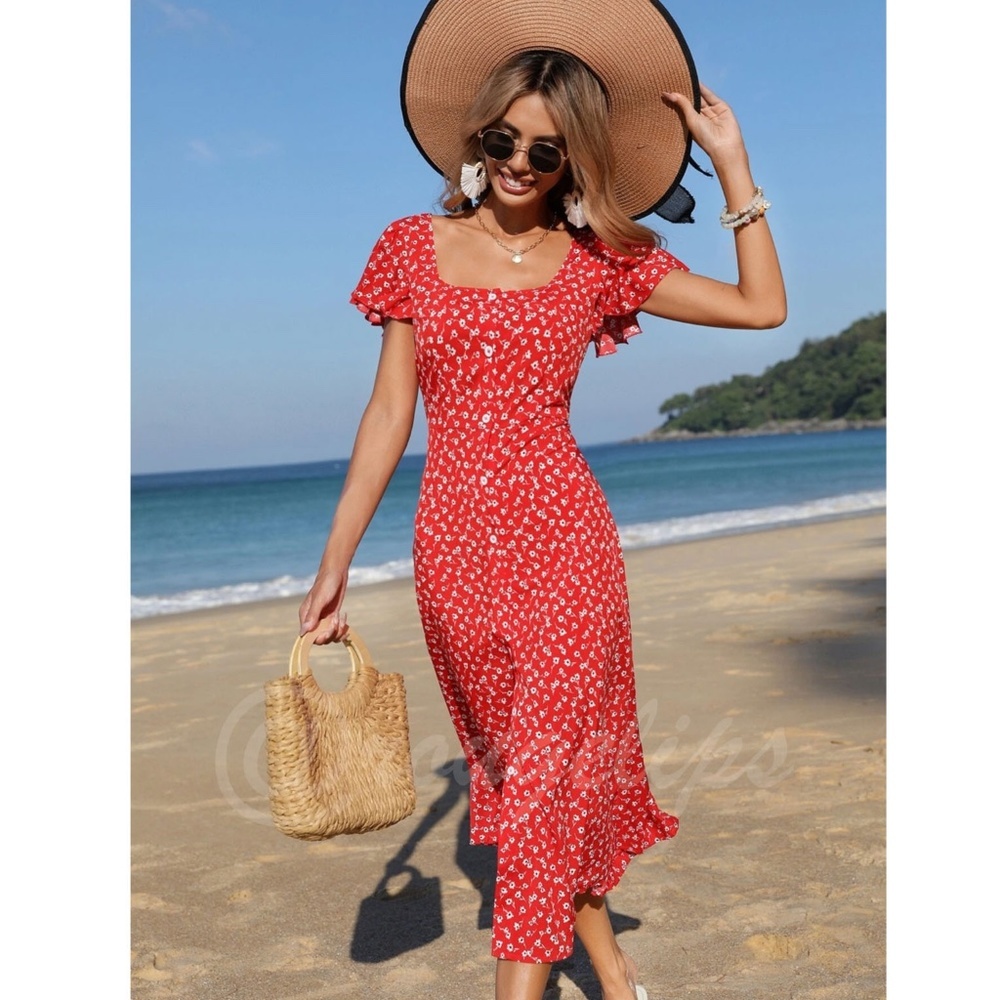 Boho Red Floral Square Neck Ruffle Hem Midi Length, A Line Button Up Dress